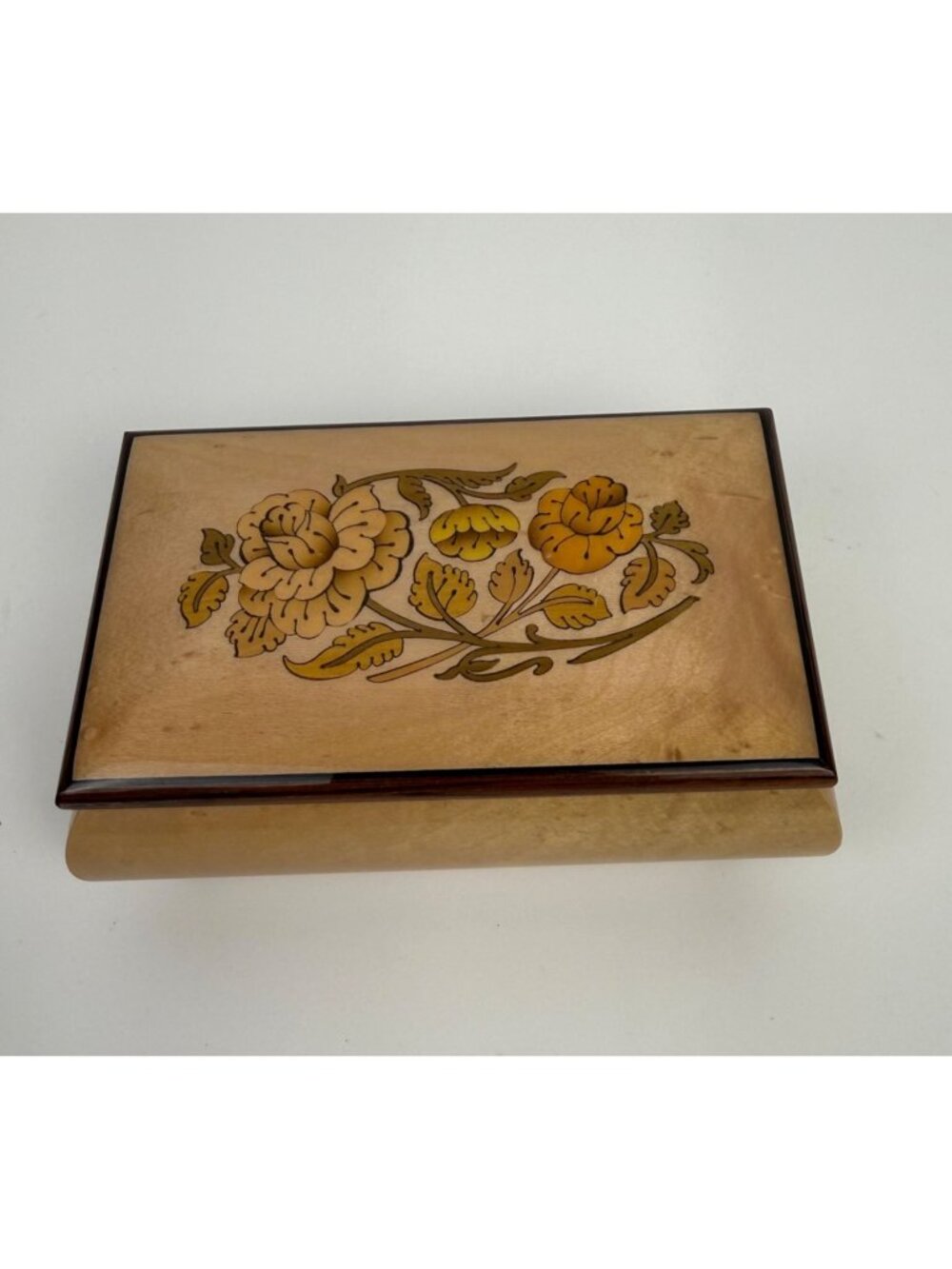 Vintage Reuge Music Box Inlaid Wood Floral Design Made in Italy
